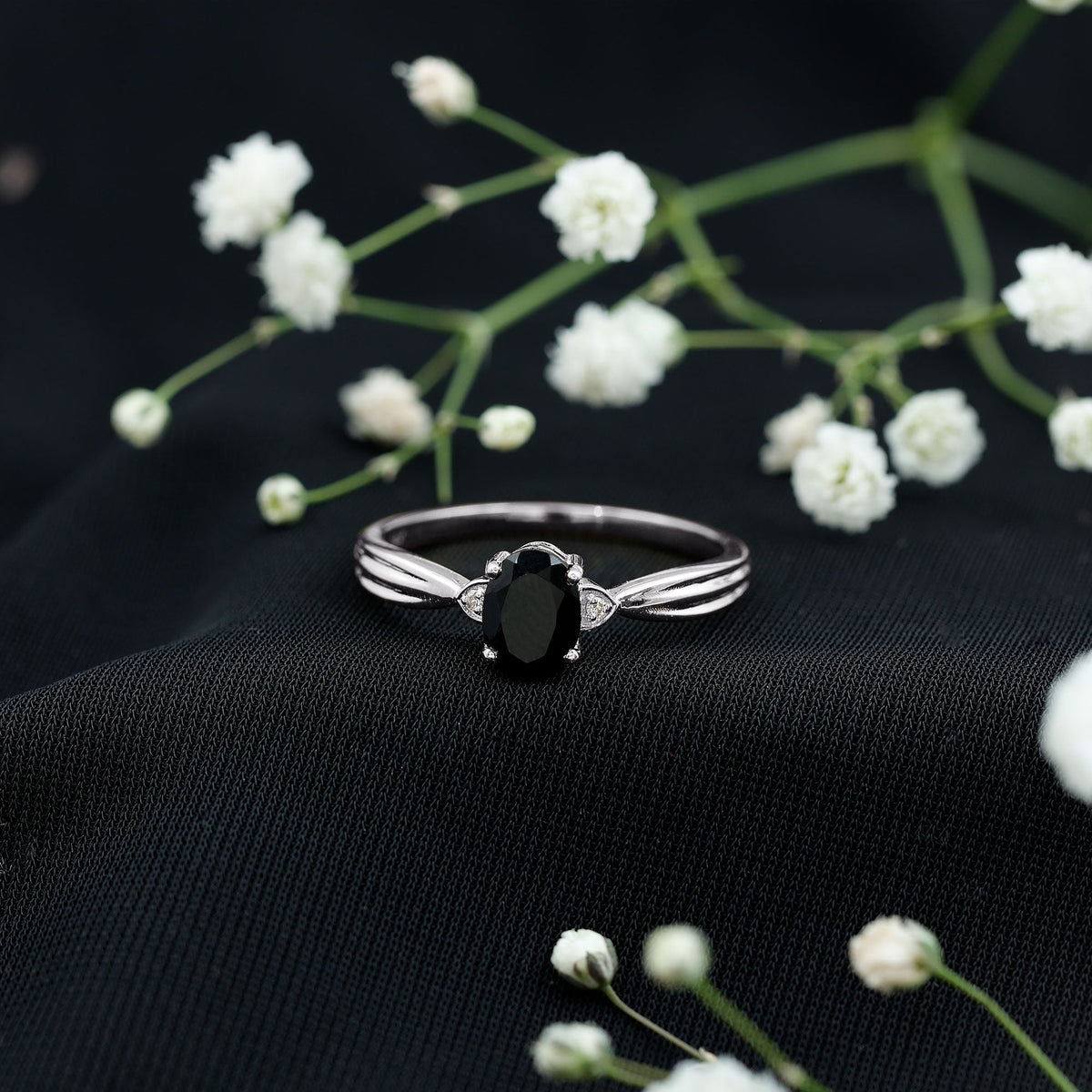 Oval Black Onyx Solitaire Engagement Ring with Diamond Accents
