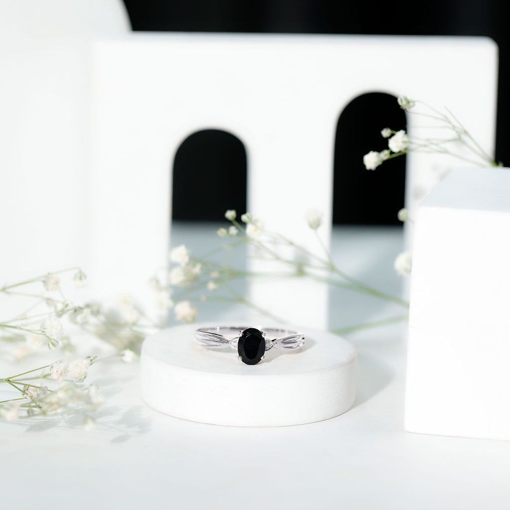 Oval Black Onyx Solitaire Engagement Ring with Diamond Accents