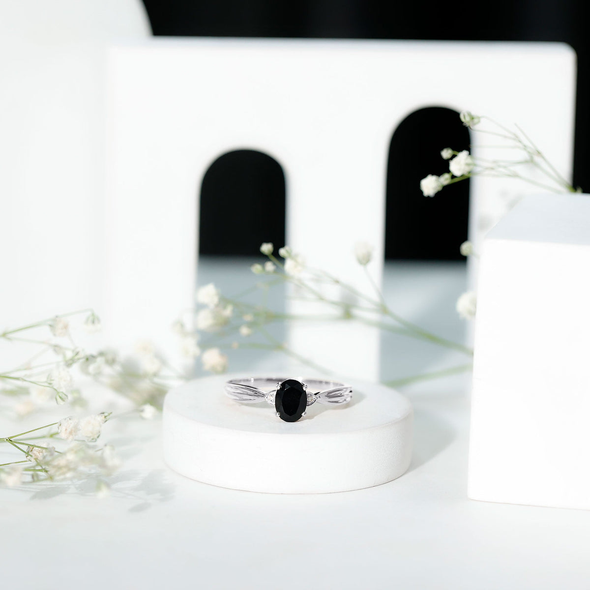 Oval Black Onyx Solitaire Engagement Ring with Diamond Accents