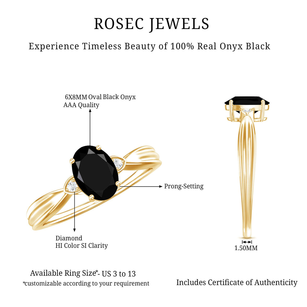 Oval Black Onyx Solitaire Engagement Ring with Diamond Accents