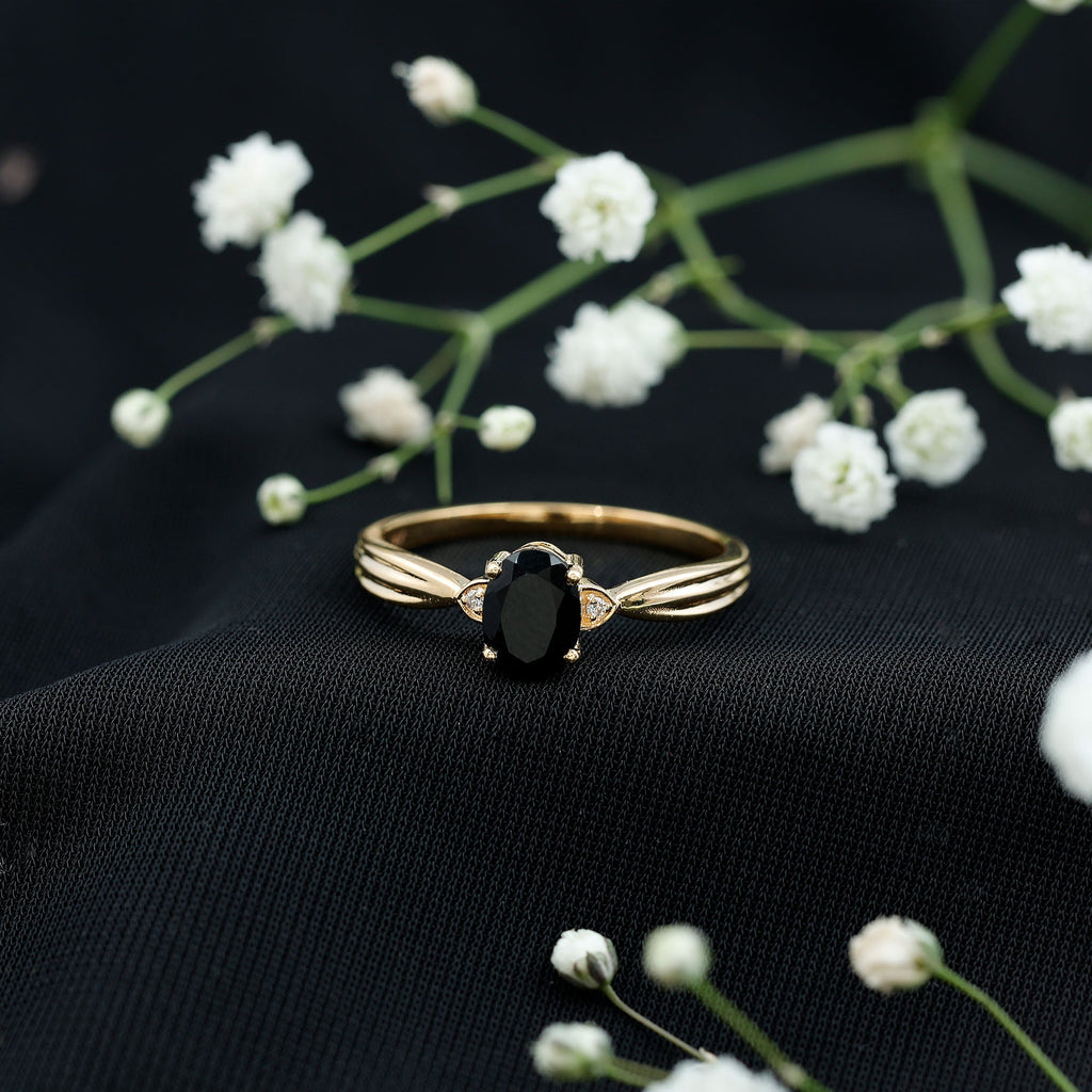 Oval Black Onyx Solitaire Engagement Ring with Diamond Accents