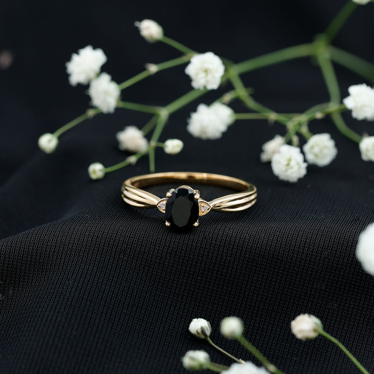 Oval Black Onyx Solitaire Engagement Ring with Diamond Accents