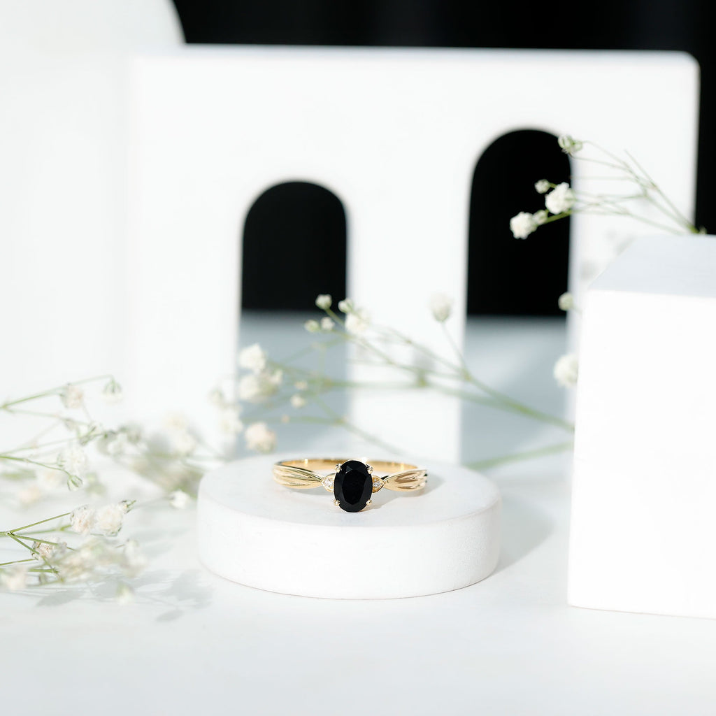 Oval Black Onyx Solitaire Engagement Ring with Diamond Accents