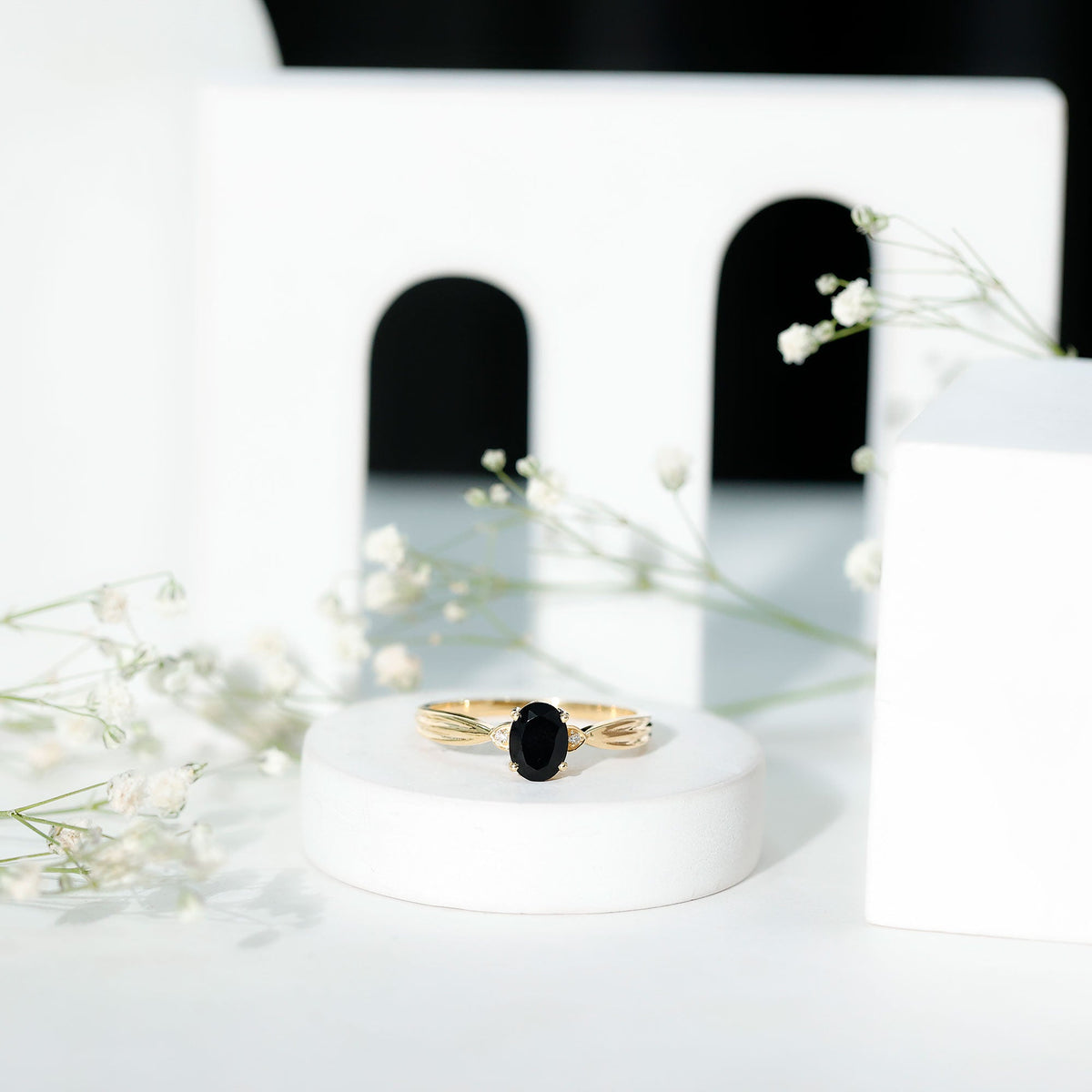 Oval Black Onyx Solitaire Engagement Ring with Diamond Accents