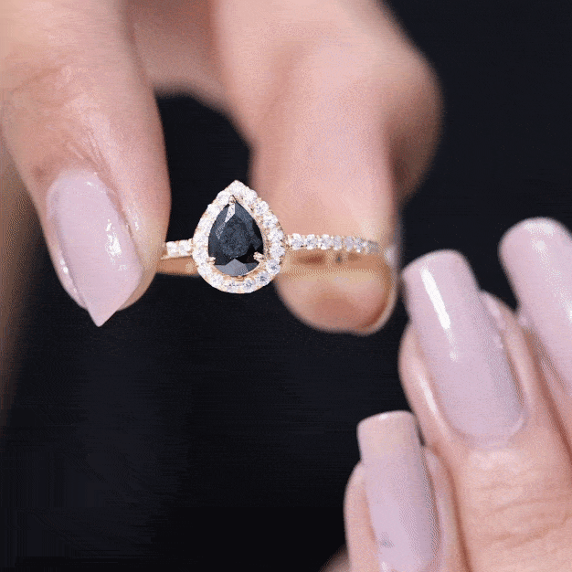 Pear Shaped Black Onyx and Diamond Halo Engagement Ring