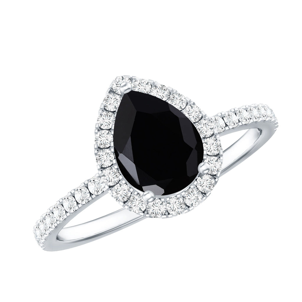 Pear Shaped Black Onyx and Diamond Halo Engagement Ring