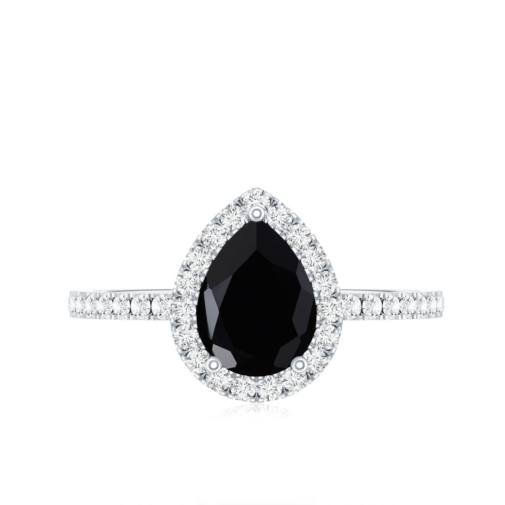 Pear Shaped Black Onyx and Diamond Halo Engagement Ring