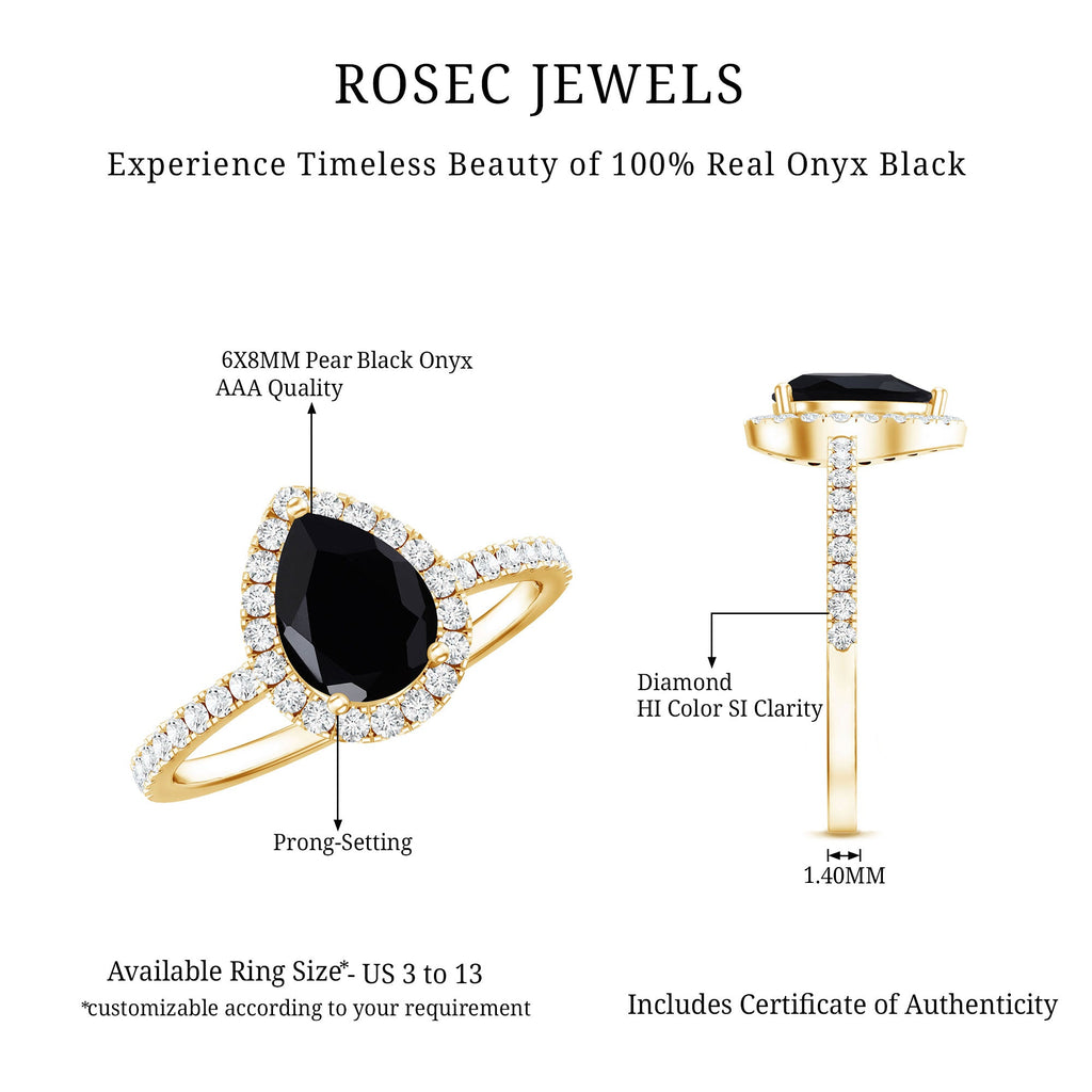 Pear Shaped Black Onyx and Diamond Halo Engagement Ring