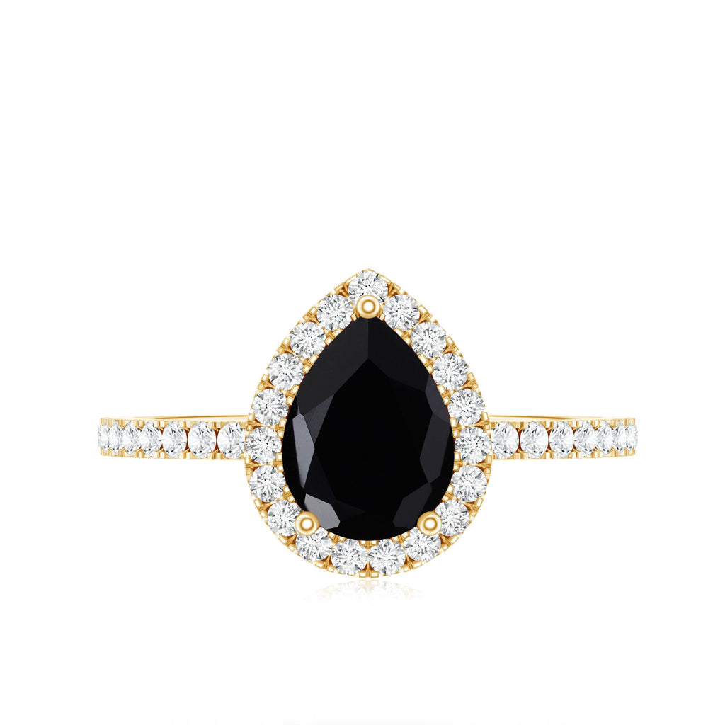 Pear Shaped Black Onyx and Diamond Halo Engagement Ring