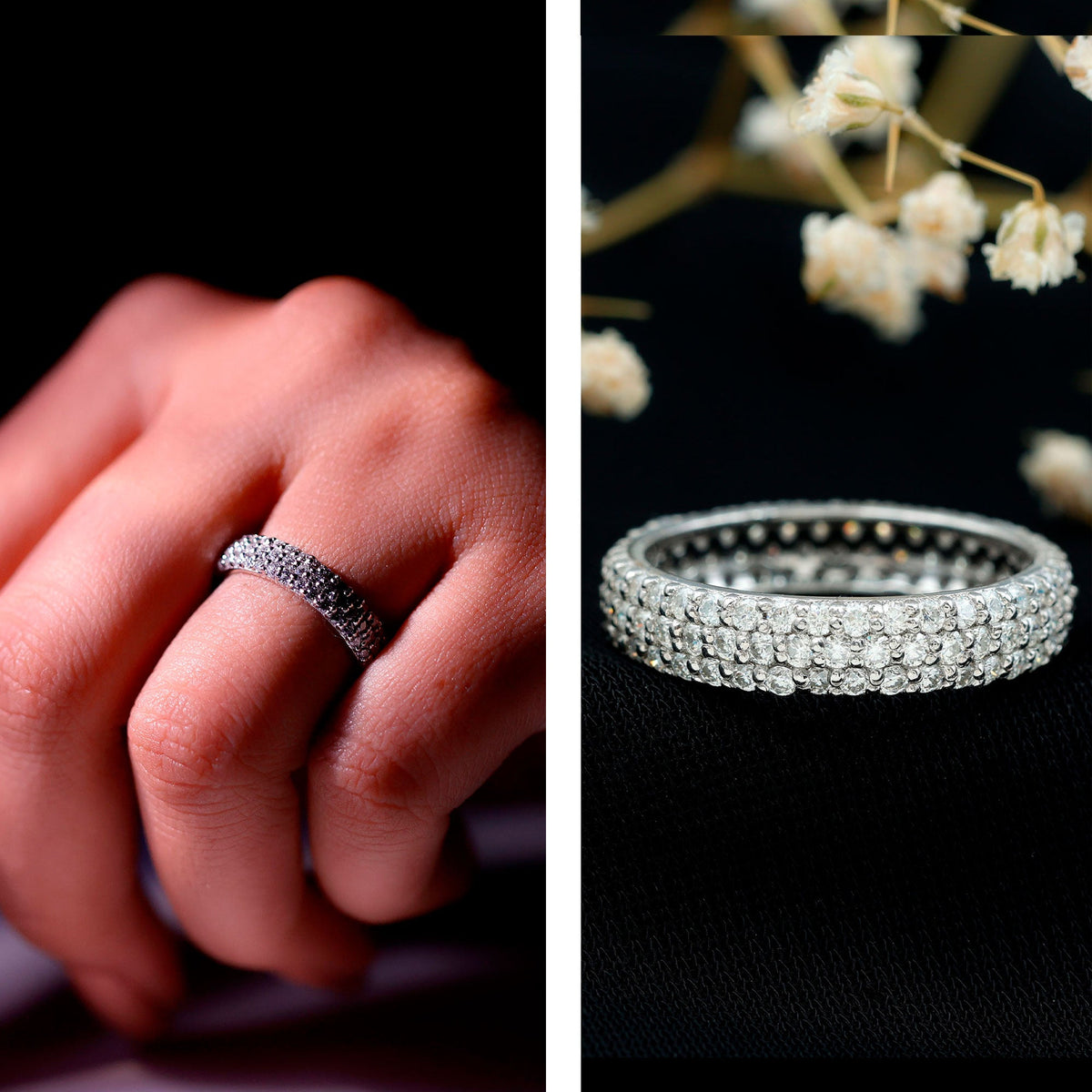 Triple Row Moissanite Classic Wedding Ring Band for Women