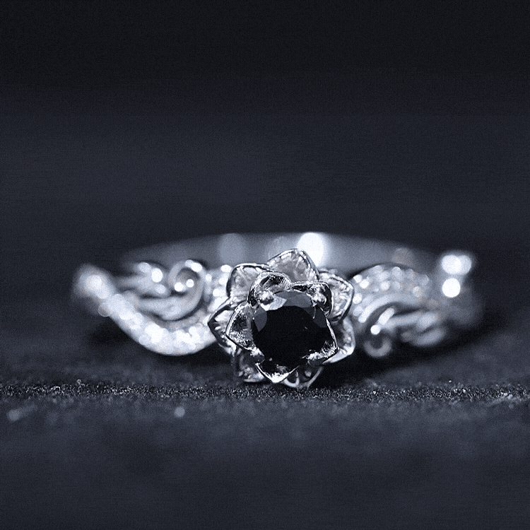 Lab Grown Black Diamond Floral Engagement Ring with White Diamond Accents