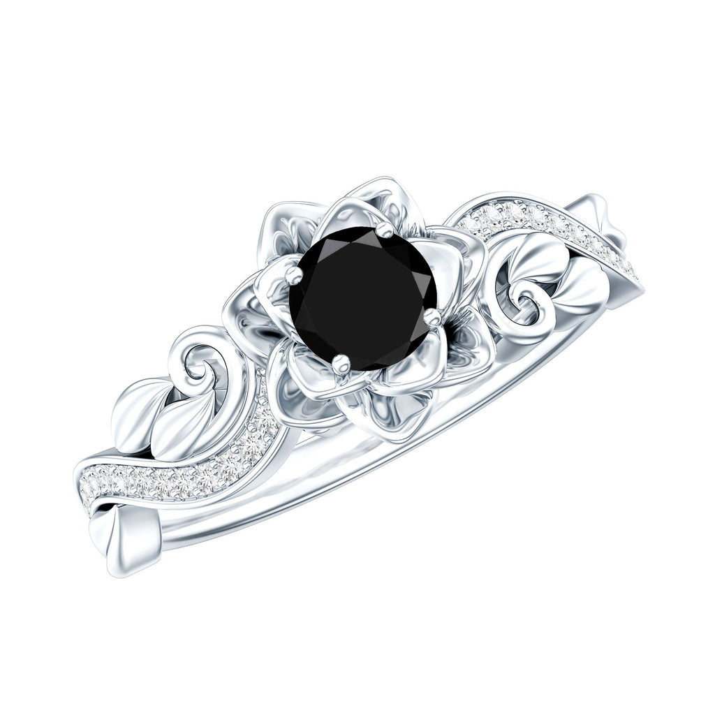Lab Grown Black Diamond Floral Engagement Ring with White Diamond Accents