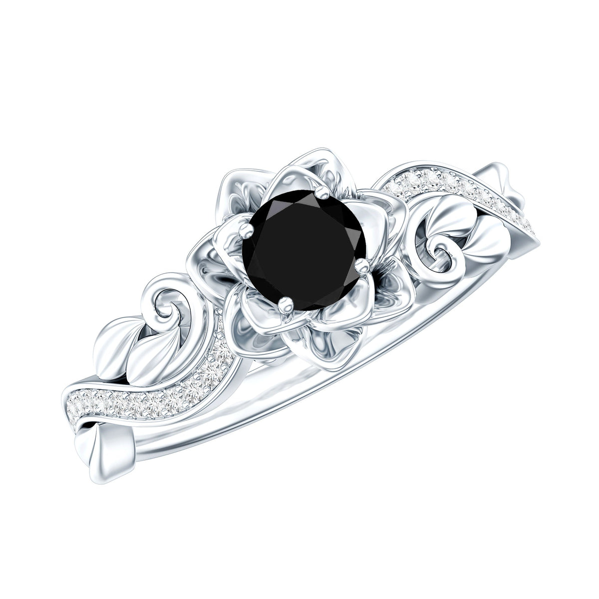 Lab Grown Black Diamond Floral Engagement Ring with White Diamond Accents
