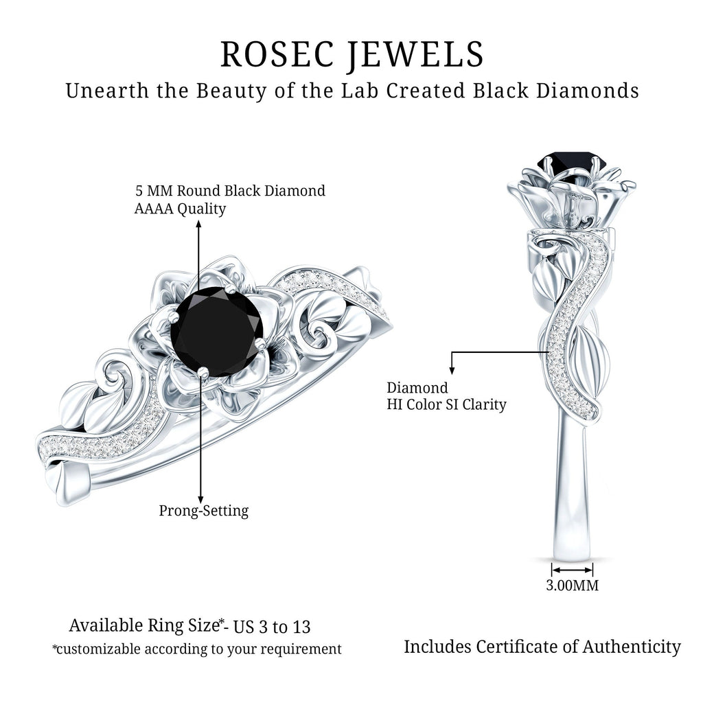 Lab Grown Black Diamond Floral Engagement Ring with White Diamond Accents