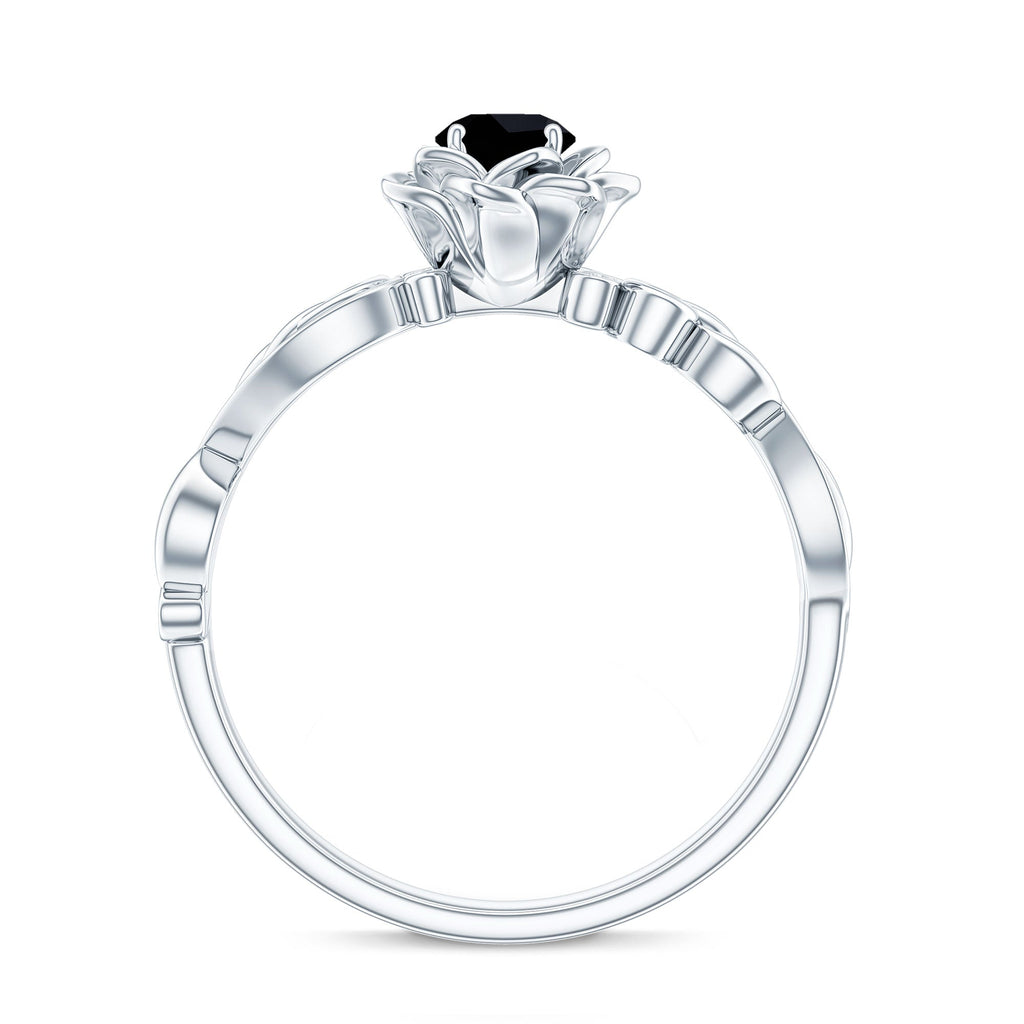 Lab Grown Black Diamond Floral Engagement Ring with White Diamond Accents