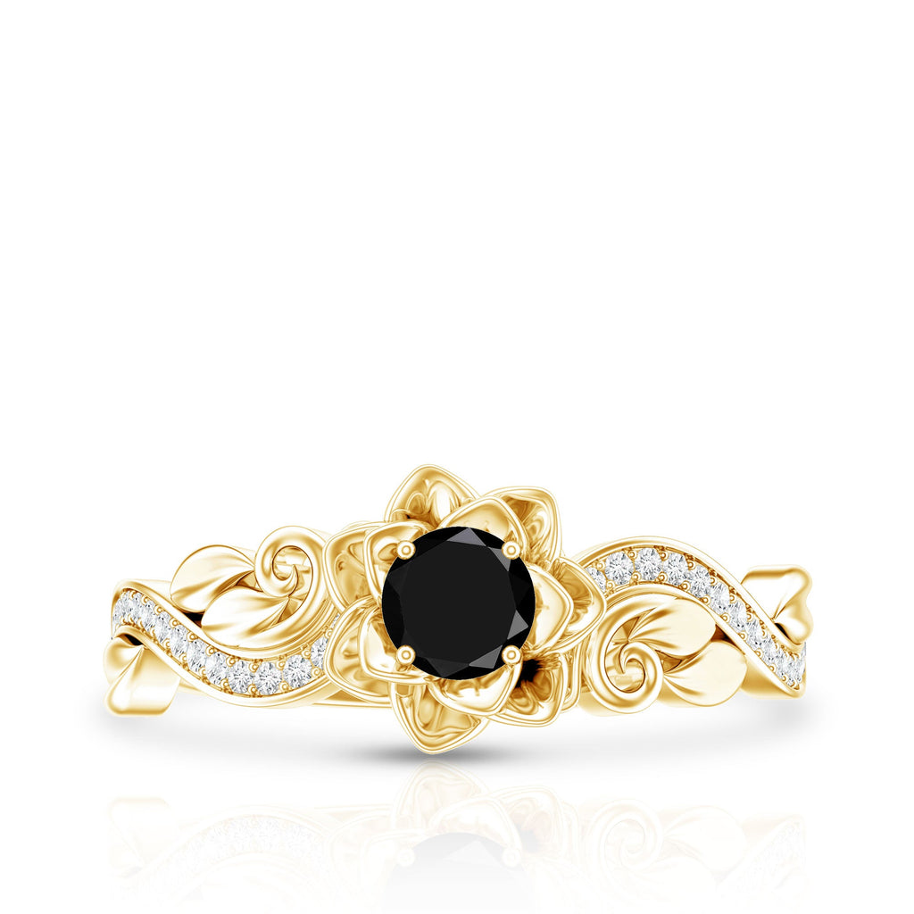 Lab Grown Black Diamond Floral Engagement Ring with White Diamond Accents