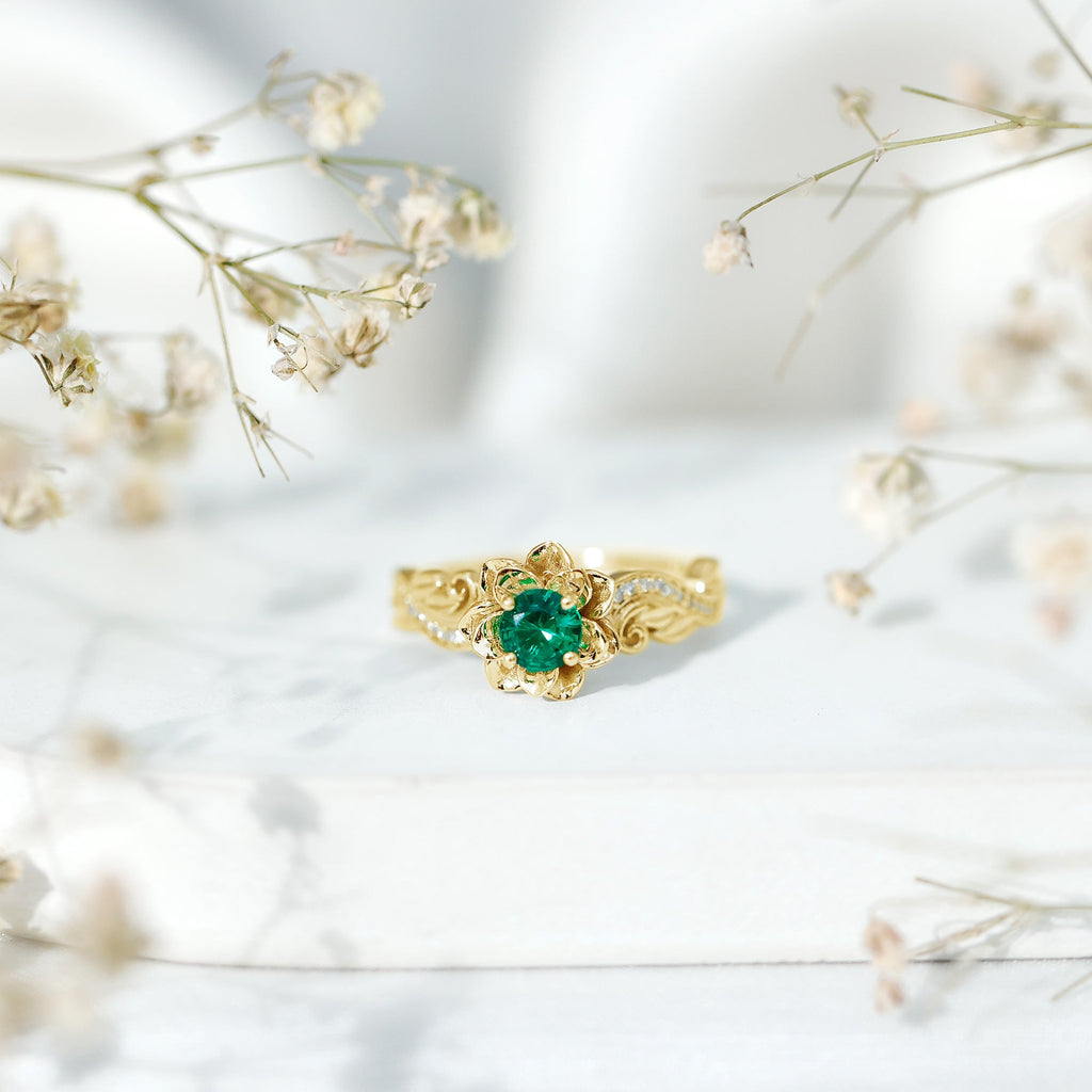 Lab Created Emerald and Diamond Flower Engagement Ring in Silver