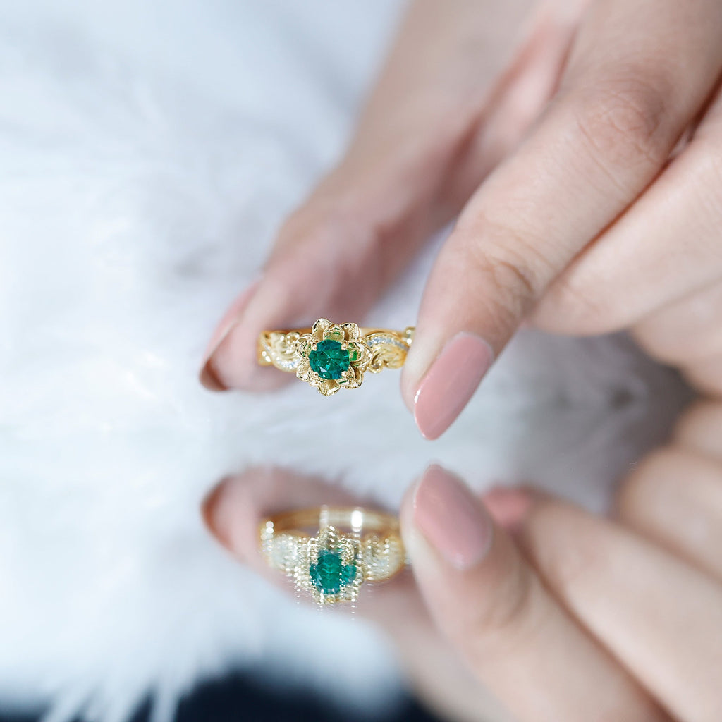 Lab Created Emerald and Diamond Flower Engagement Ring in Silver