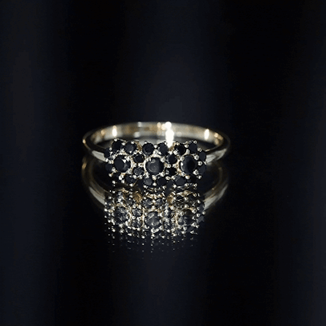 Certified Black Onyx Flower Clusters Engagement Ring