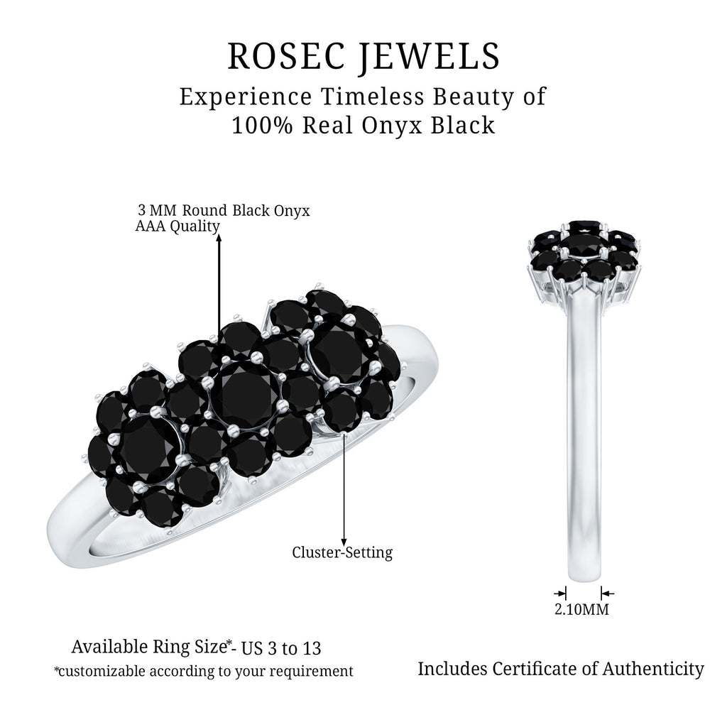 Certified Black Onyx Flower Clusters Engagement Ring
