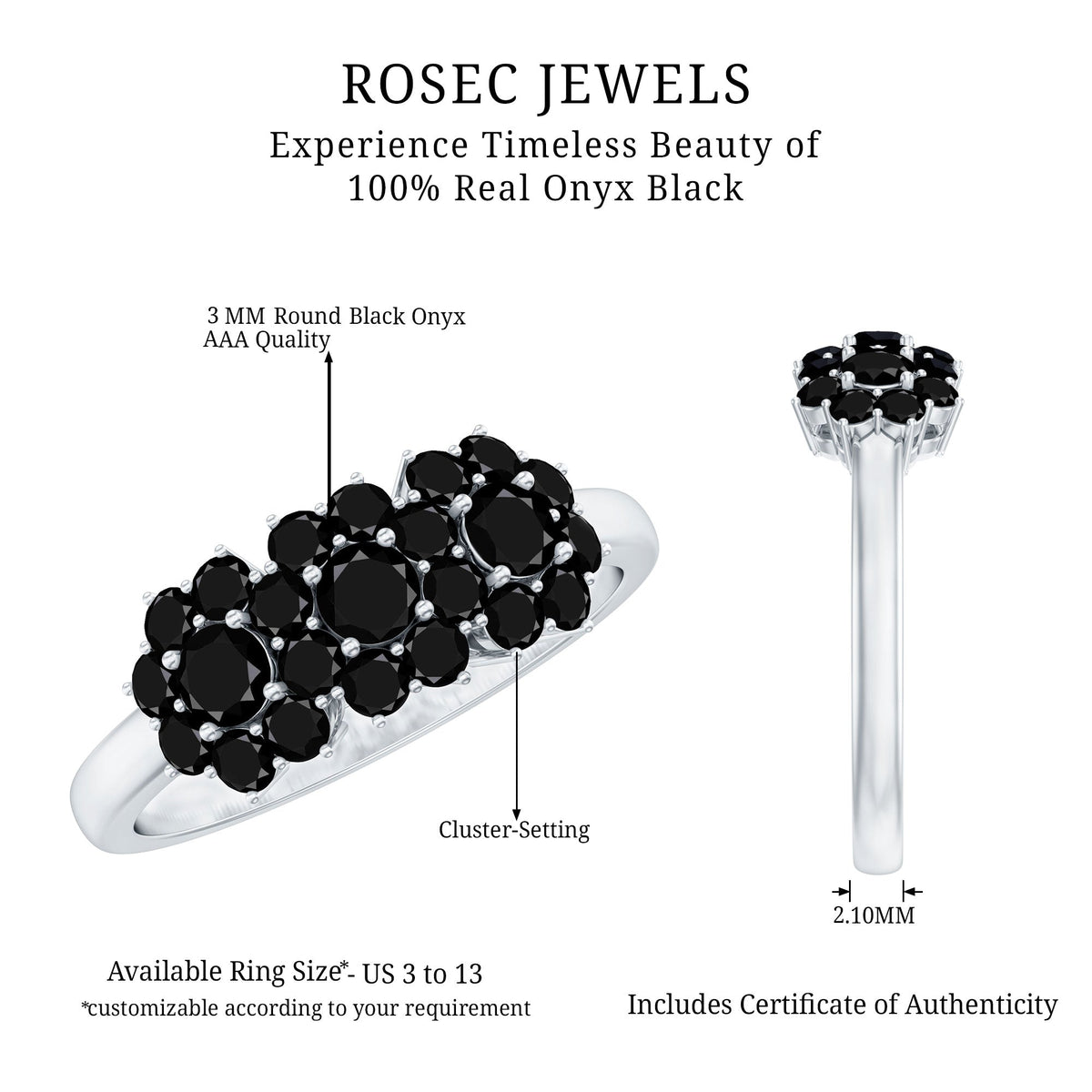 Certified Black Onyx Flower Clusters Engagement Ring