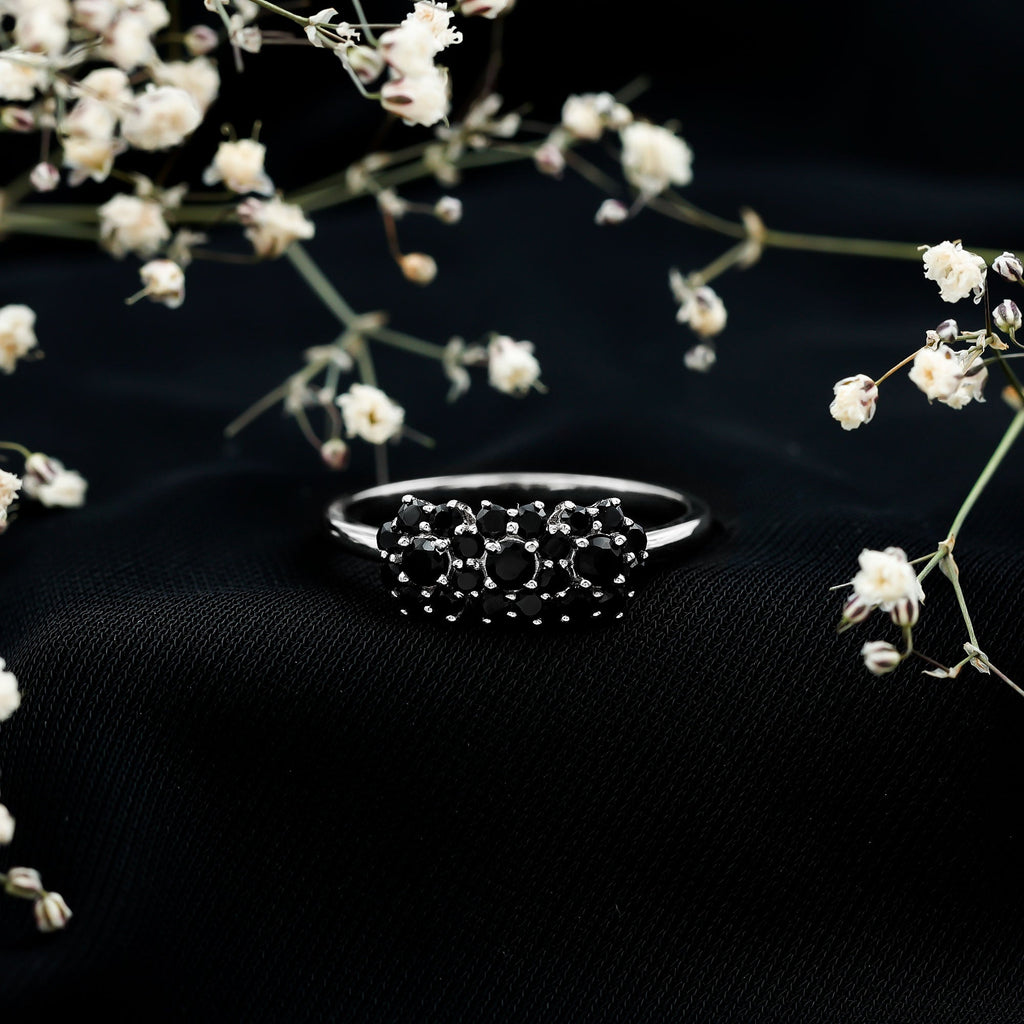 Certified Black Onyx Flower Clusters Engagement Ring