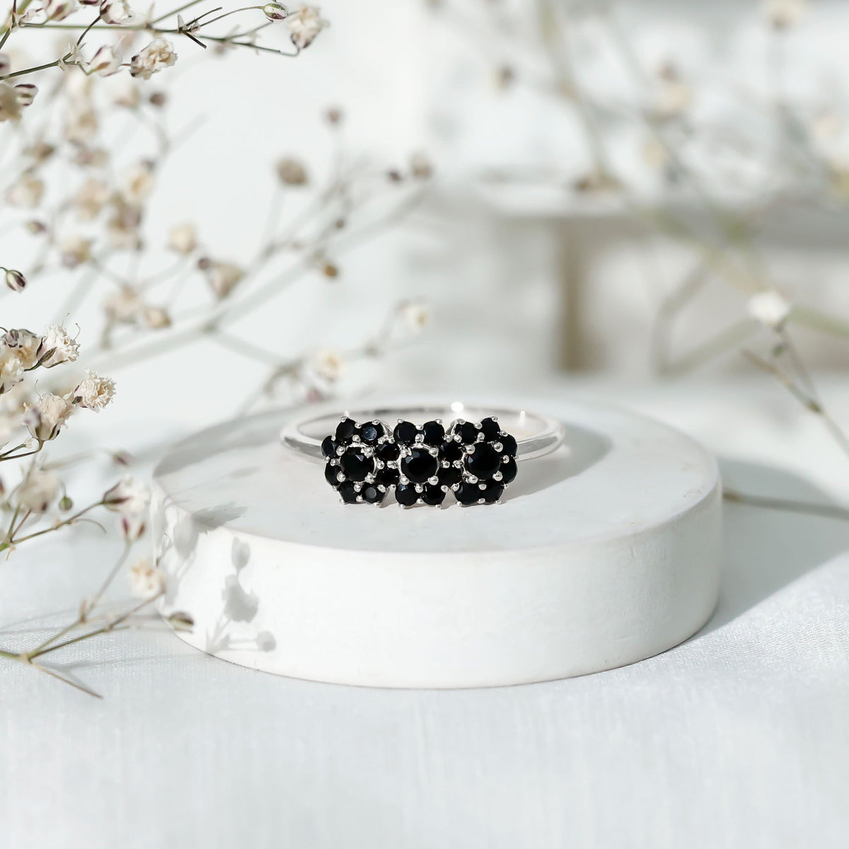 Certified Black Onyx Flower Clusters Engagement Ring