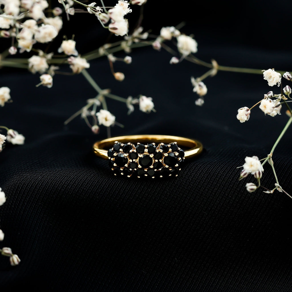 Certified Black Onyx Flower Clusters Engagement Ring