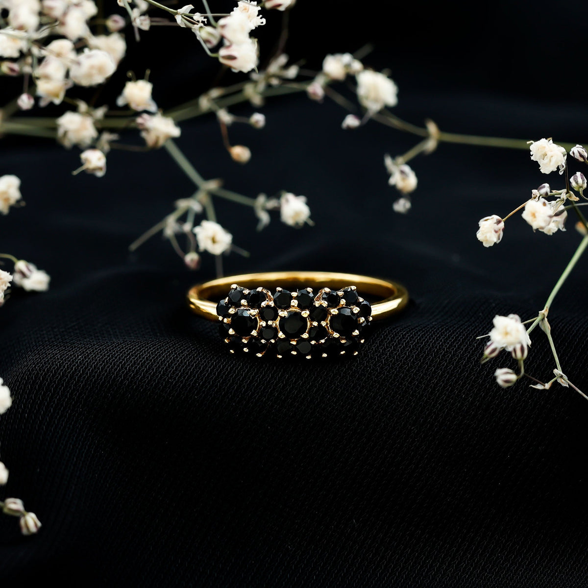 Certified Black Onyx Flower Clusters Engagement Ring