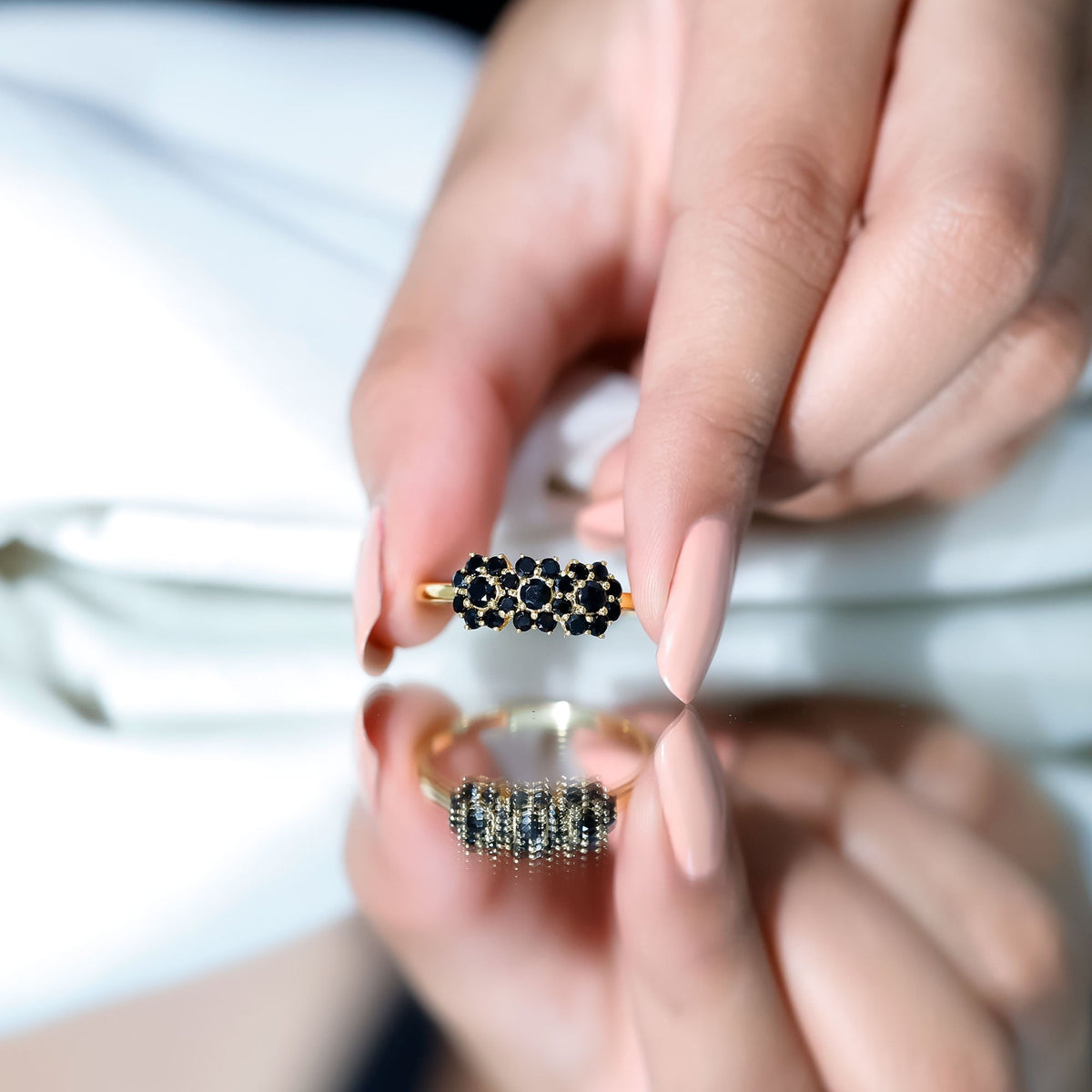 Certified Black Onyx Flower Clusters Engagement Ring