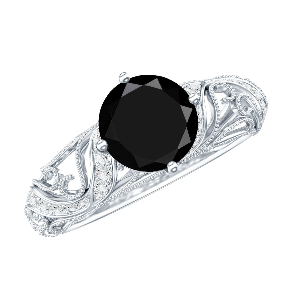 Round Created Black Diamond Vintage Inspired Engagement Ring with Diamond