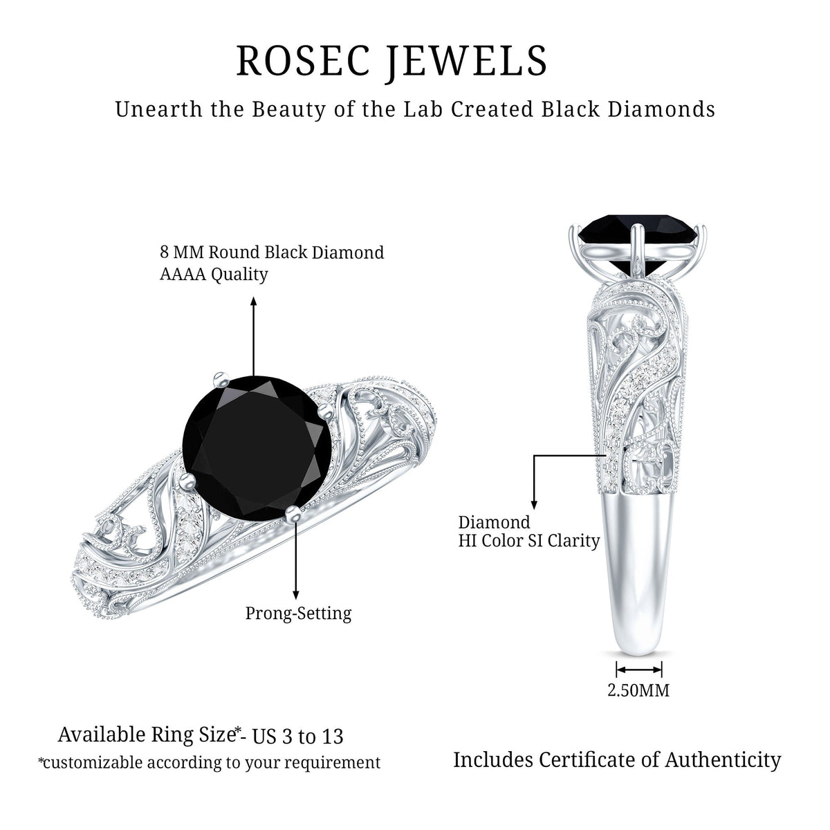 Round Created Black Diamond Vintage Inspired Engagement Ring with Diamond