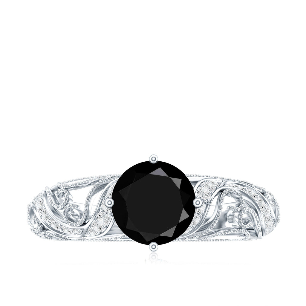 Round Created Black Diamond Vintage Inspired Engagement Ring with Diamond