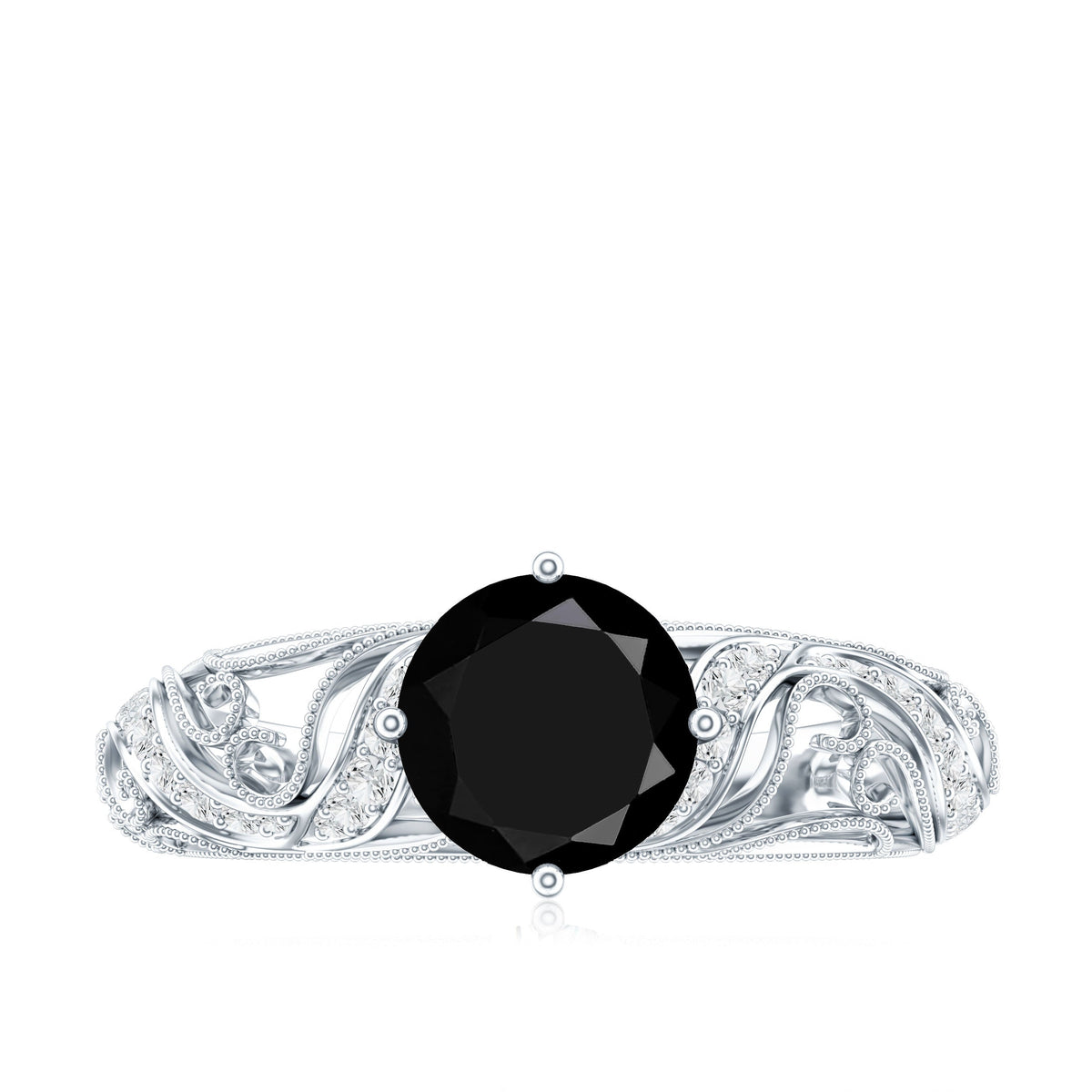 Round Created Black Diamond Vintage Inspired Engagement Ring with Diamond