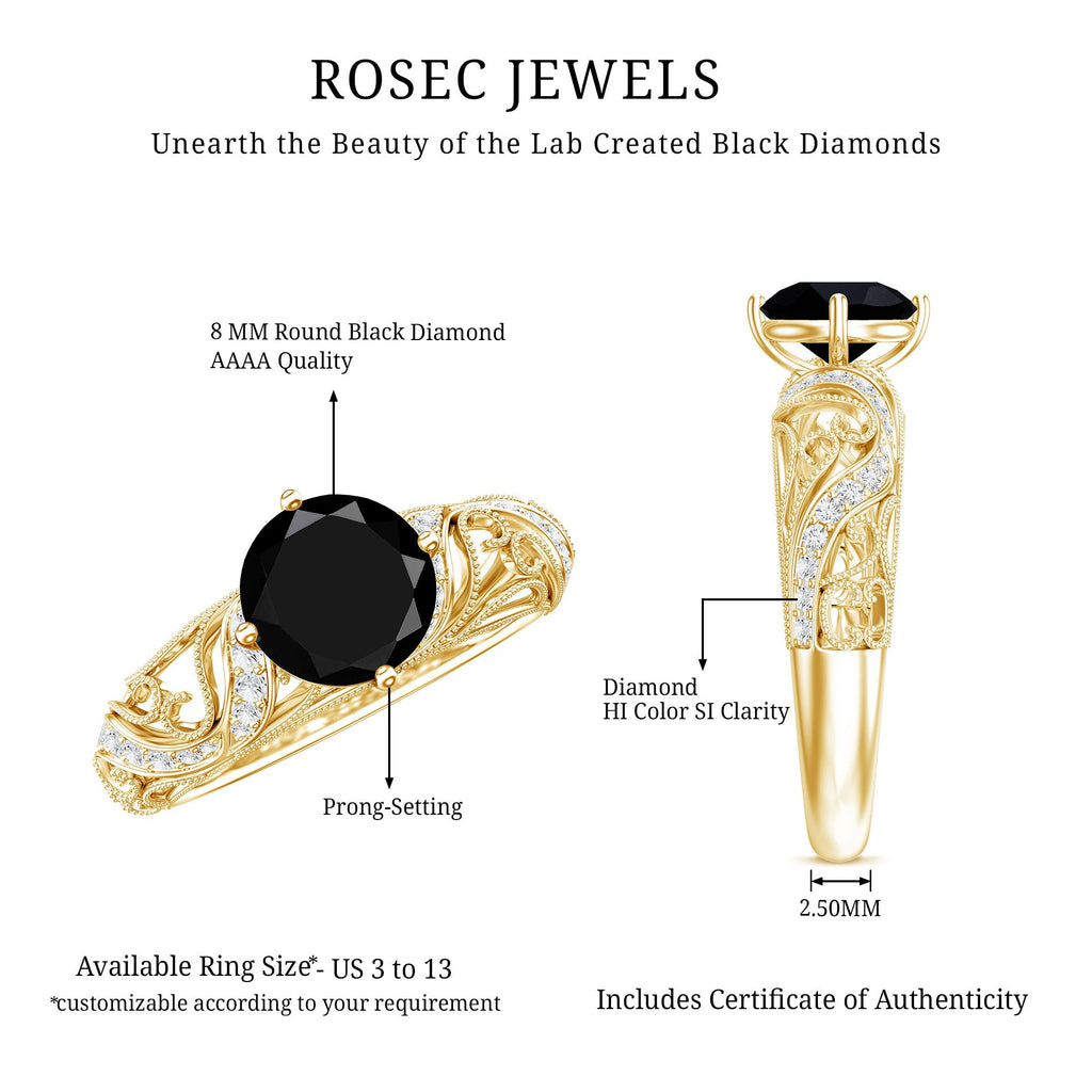 Round Created Black Diamond Vintage Inspired Engagement Ring with Diamond