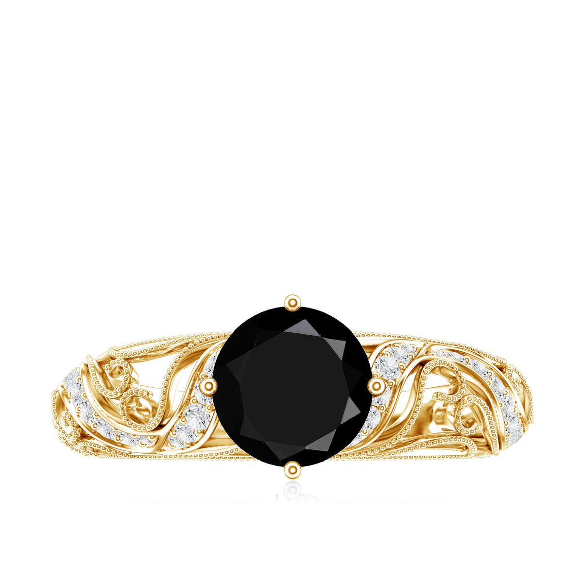 Round Created Black Diamond Vintage Inspired Engagement Ring with Diamond