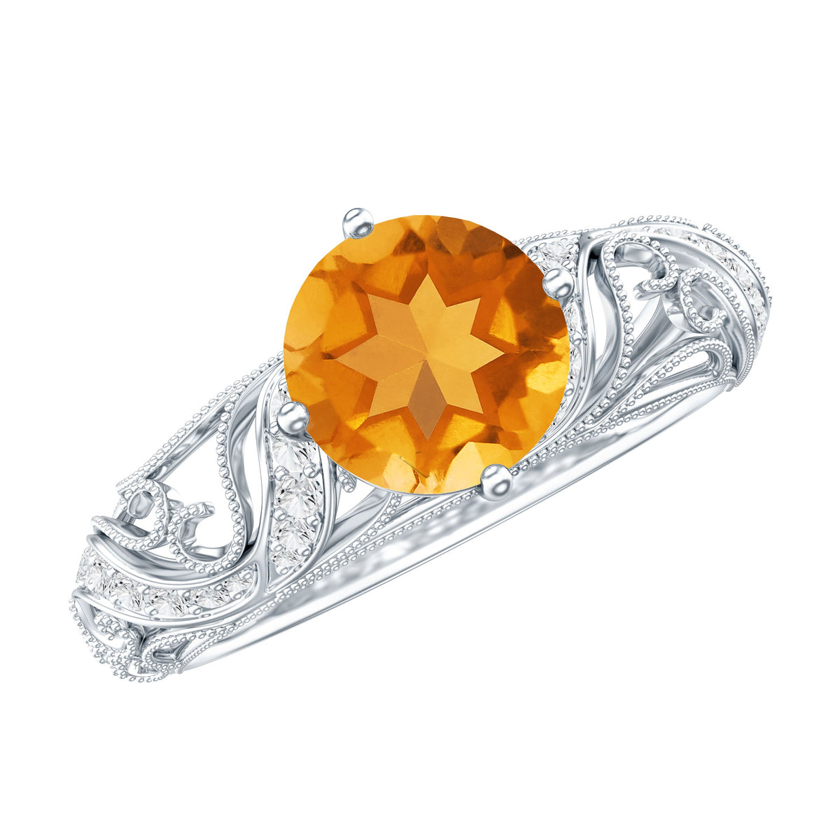 Genuine Citrine Vintage Looking Engagement Ring with Diamond