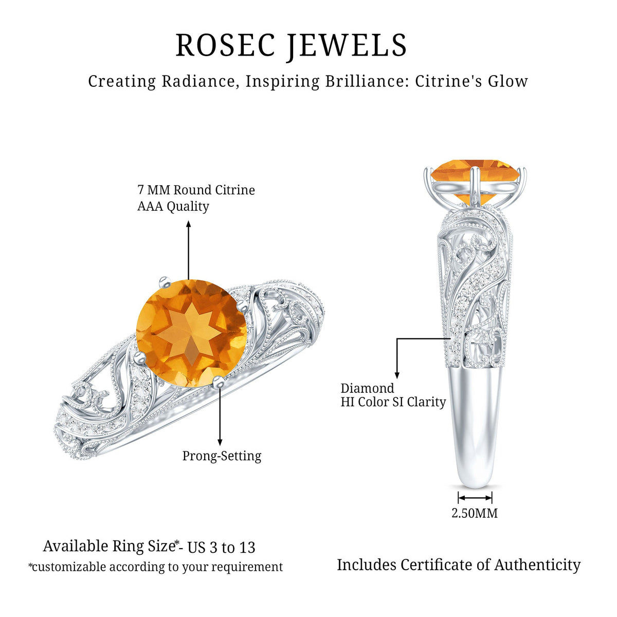 Genuine Citrine Vintage Looking Engagement Ring with Diamond