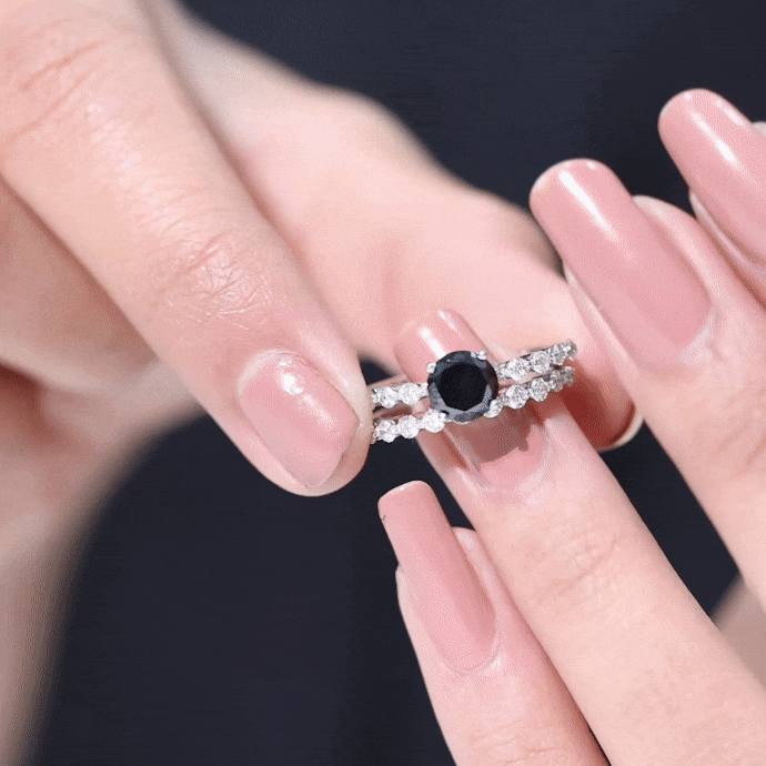 Round Cut Black Onyx and Diamond Stacking Wedding Ring Set