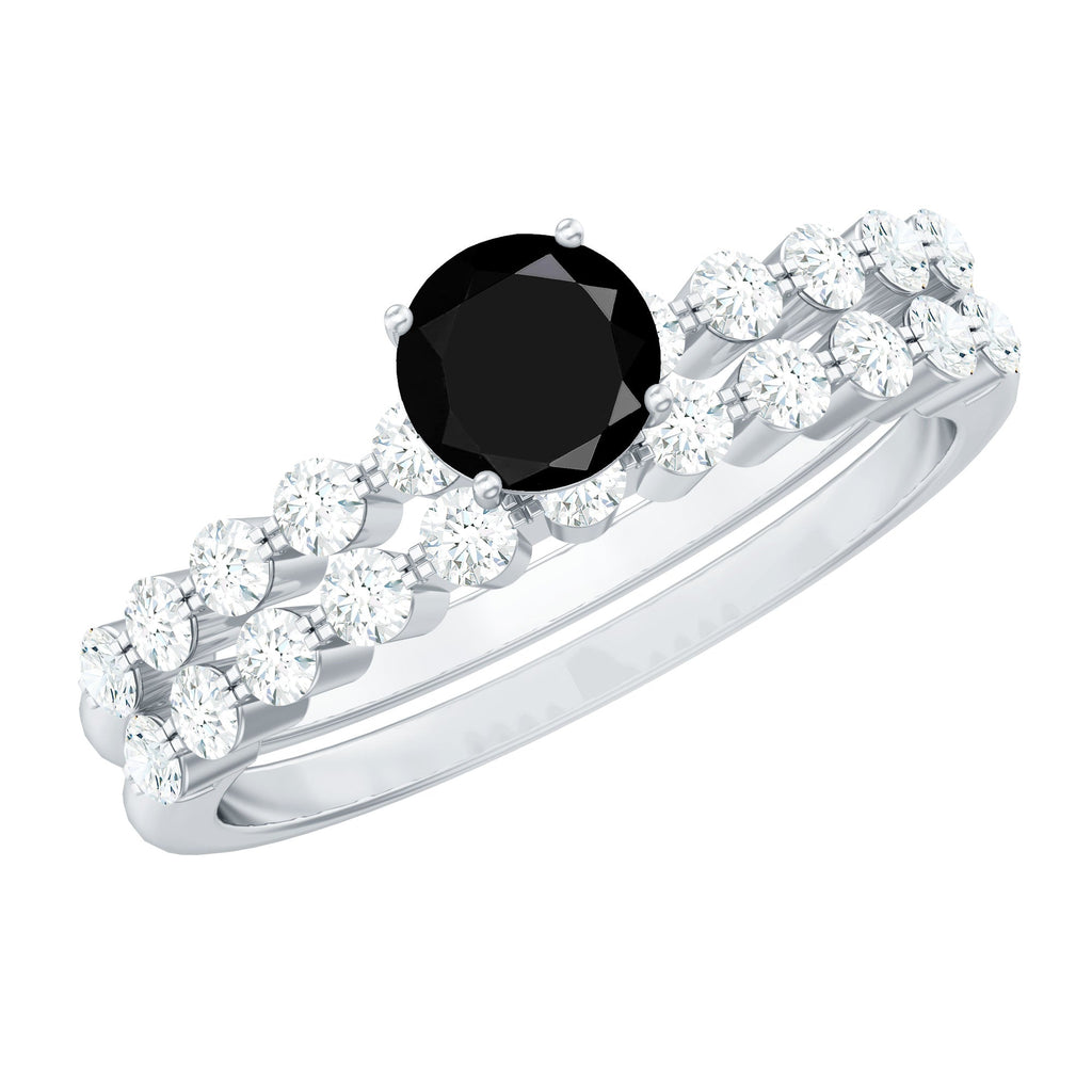 Round Cut Black Onyx and Diamond Stacking Wedding Ring Set