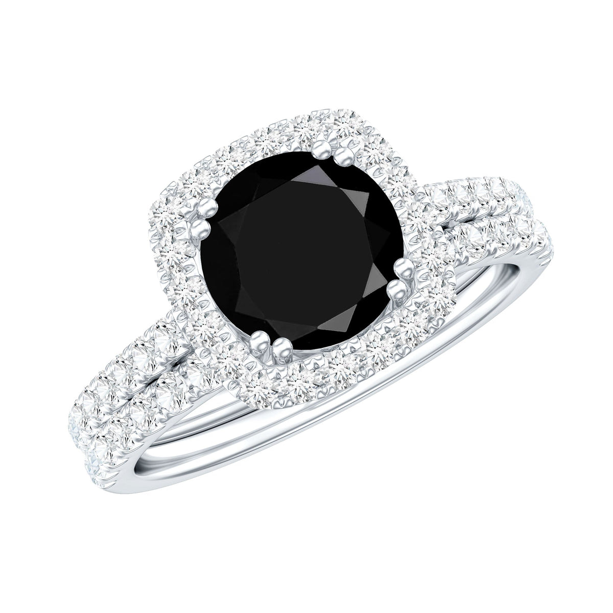 Certified 2 Carat Lab Grown Black Diamond Halo Engagement Ring with Wedding Band