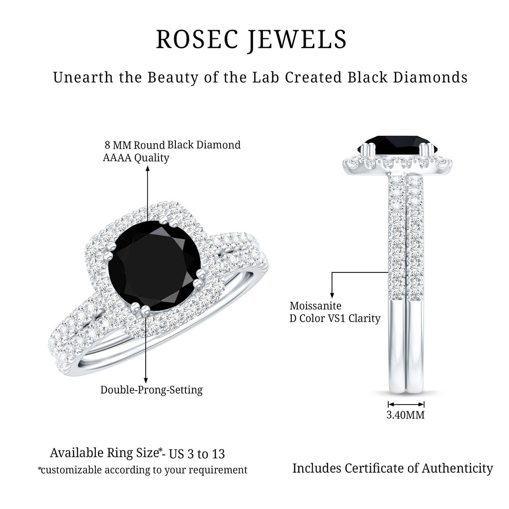 Certified 2 Carat Lab Grown Black Diamond Halo Engagement Ring with Wedding Band