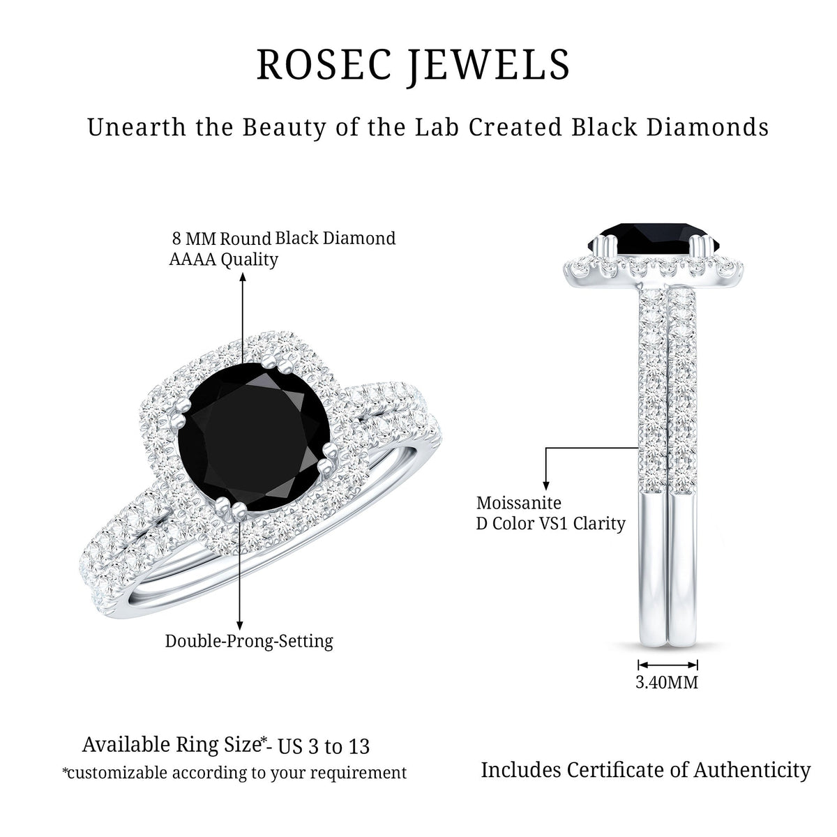 Certified 2 Carat Lab Grown Black Diamond Halo Engagement Ring with Wedding Band