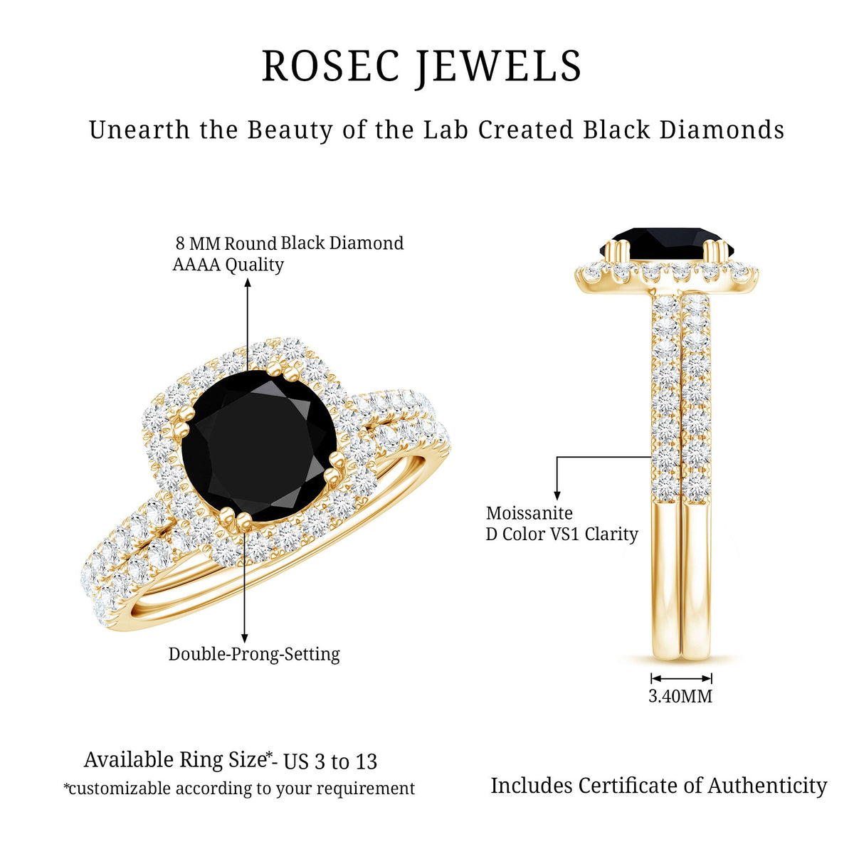 Certified 2 Carat Lab Grown Black Diamond Halo Engagement Ring with Wedding Band