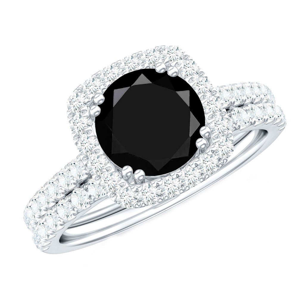 Round Cut Black Onyx Bridal Wedding Ring Set with Moissanite