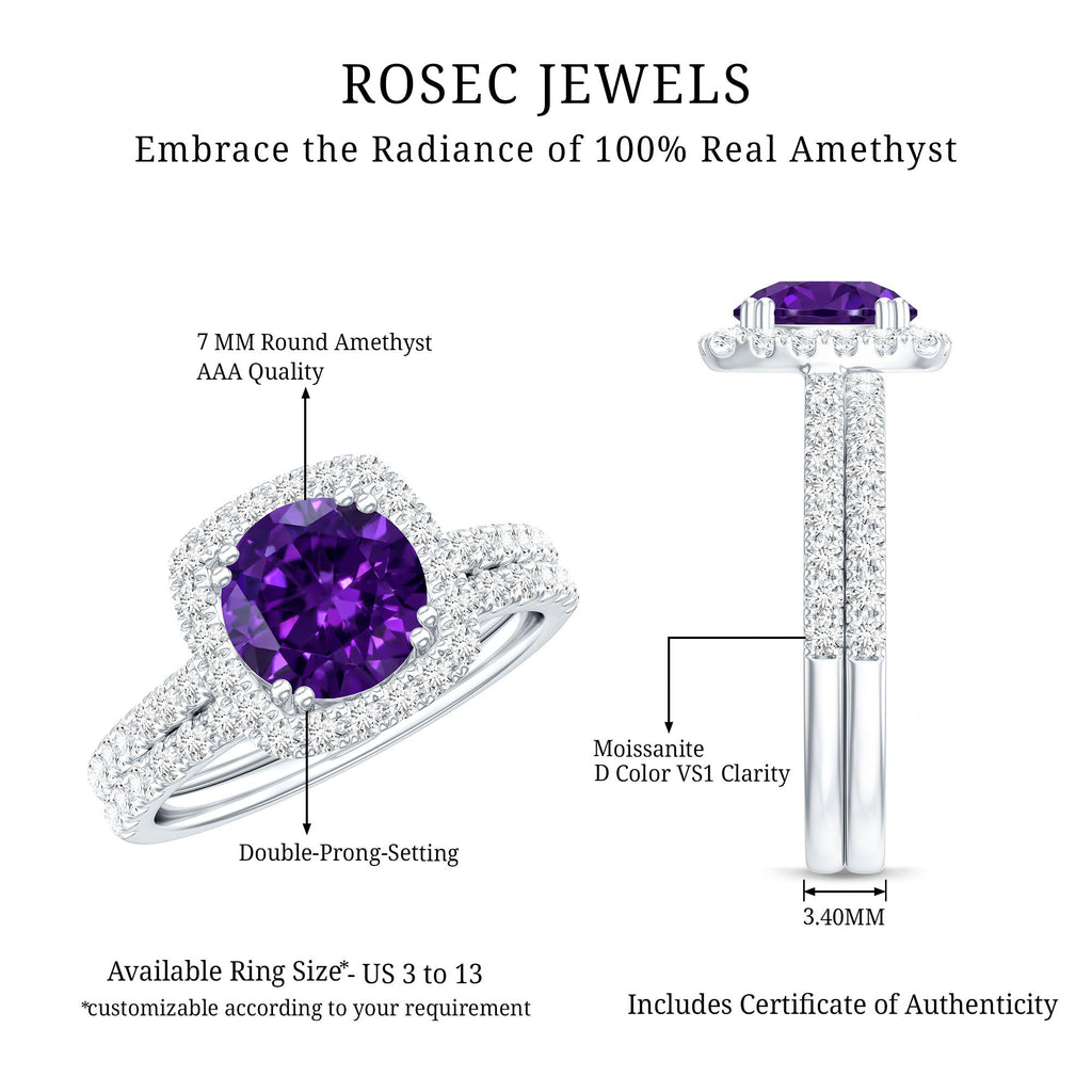 Real 1.2 Carat Amethyst Wedding Engagement Ring Set with Moissanite