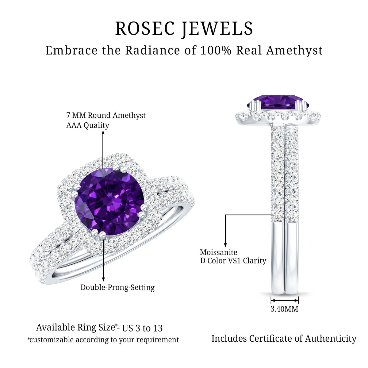 Real 1.2 Carat Amethyst Wedding Engagement Ring Set with Moissanite