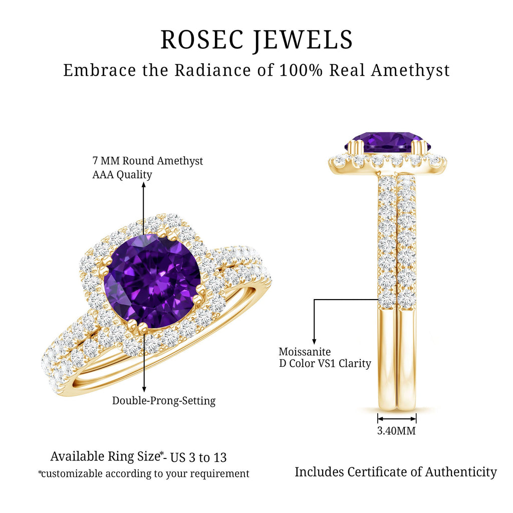 Real 1.2 Carat Amethyst Wedding Engagement Ring Set with Moissanite