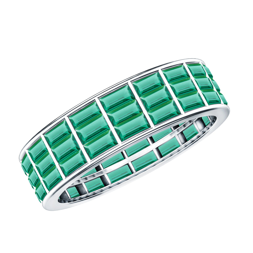 Baguette Cut Lab Grown Emerald 3 Row Eternity Band