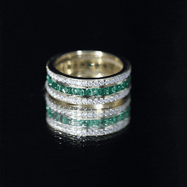 Certified Lab Grown Emerald 3 Row Eternity Wedding Band